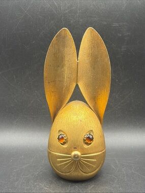 Napier Vintage Brushed Gold Tone Metal Bunny Rabbit Coin Bank Amber Tn Eyes MCM